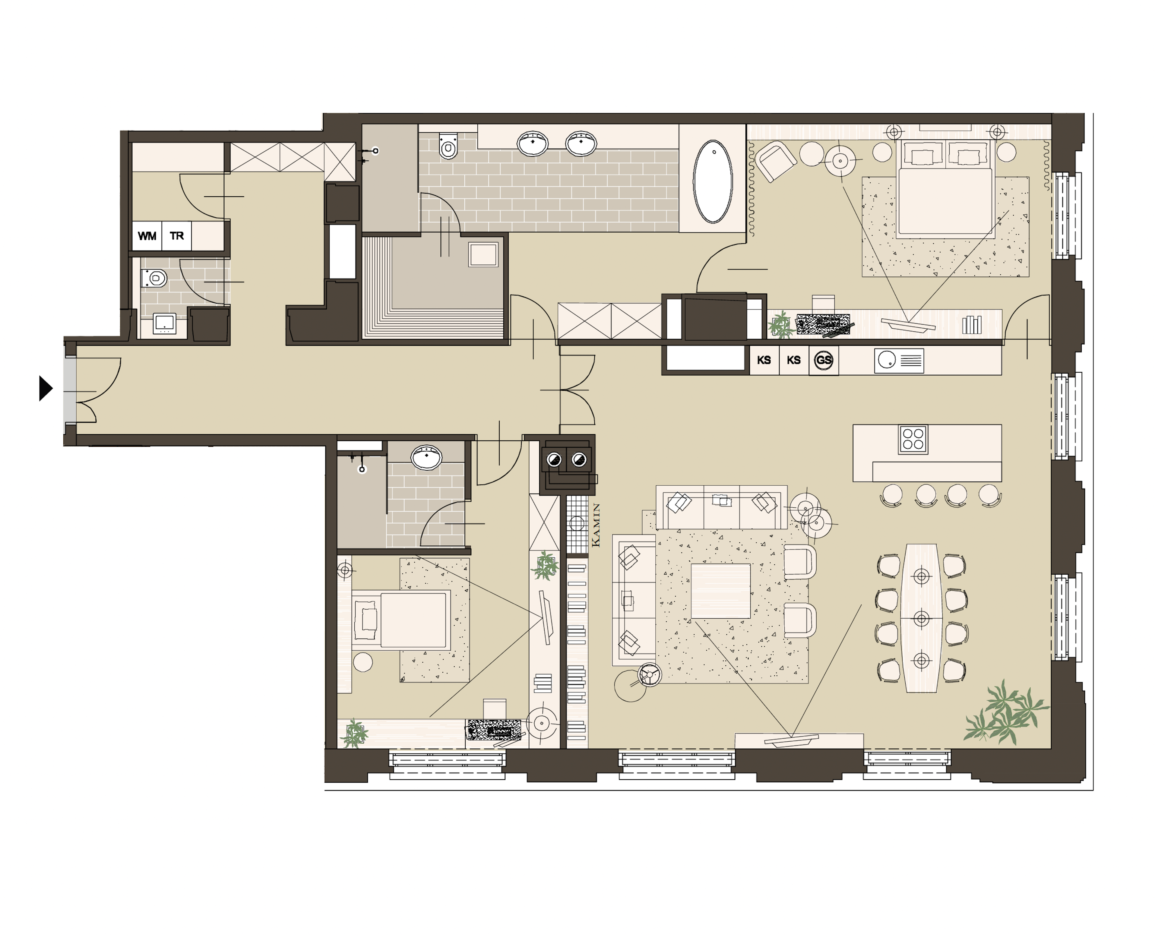 Zwischen Badezimmer und Schlafzimmer entstand ein komfortabler begehbarer Kleiderschrank. 
Anstelle der ursprünglich geplanten Sauna wurde eine großzügige Walk-in-Dusche eingebaut.